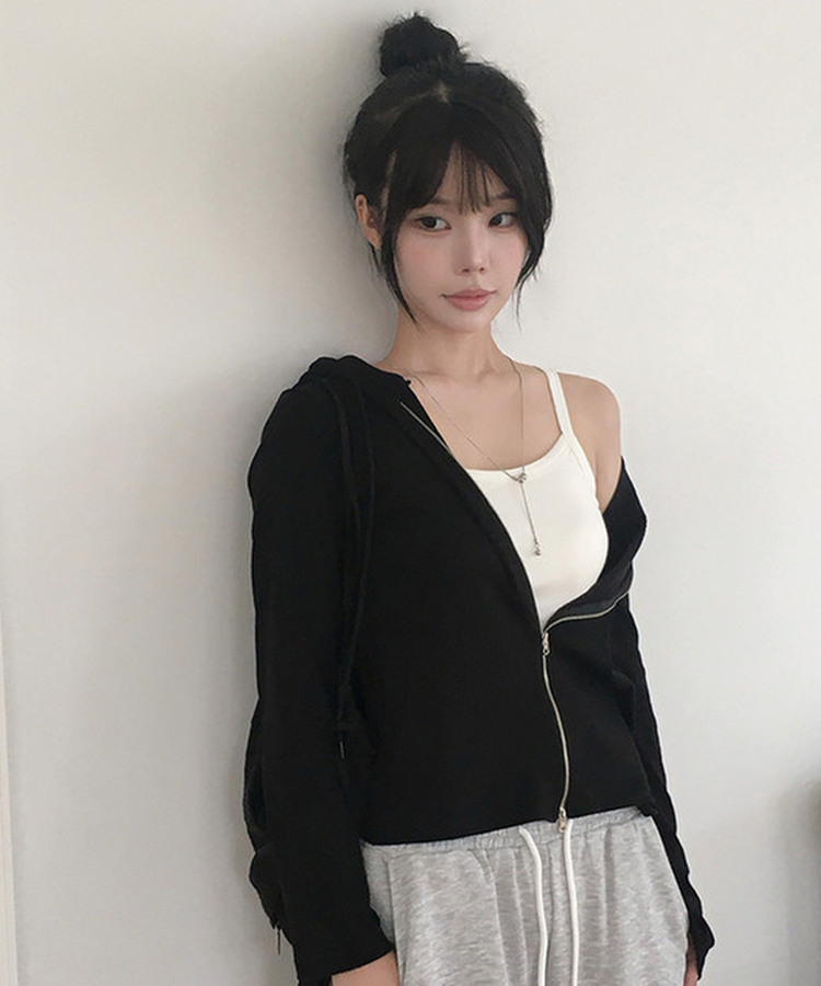 リブスリムジップアップパーカー BLACK