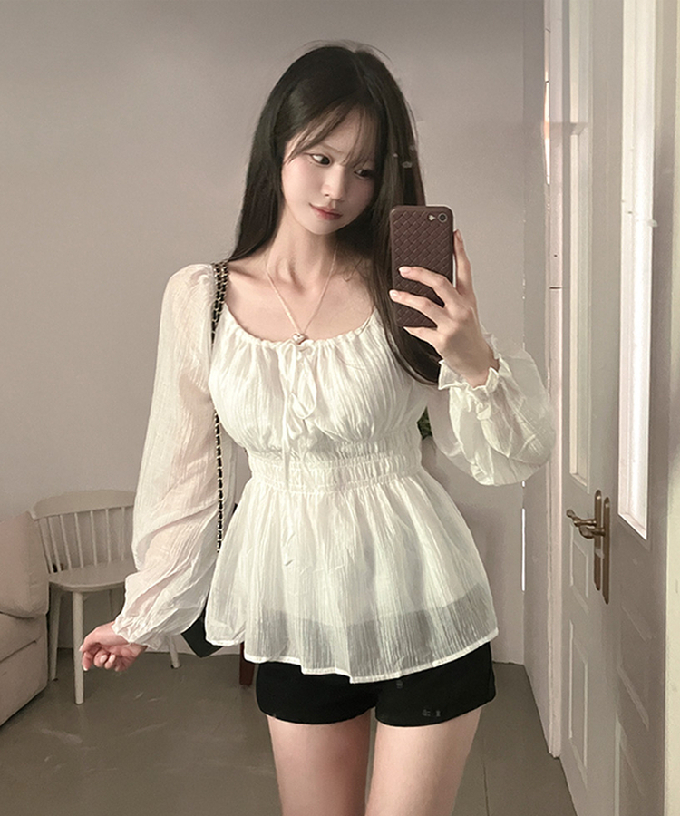 オフショルシャーリングリボン長袖ブラウス WHITE