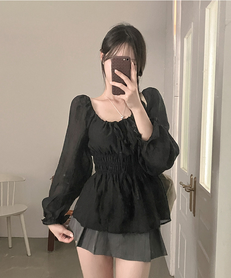 オフショルシャーリングリボン長袖ブラウス BLACK