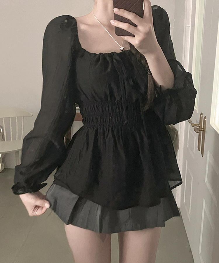 オフショルシャーリングリボン長袖ブラウス BLACK