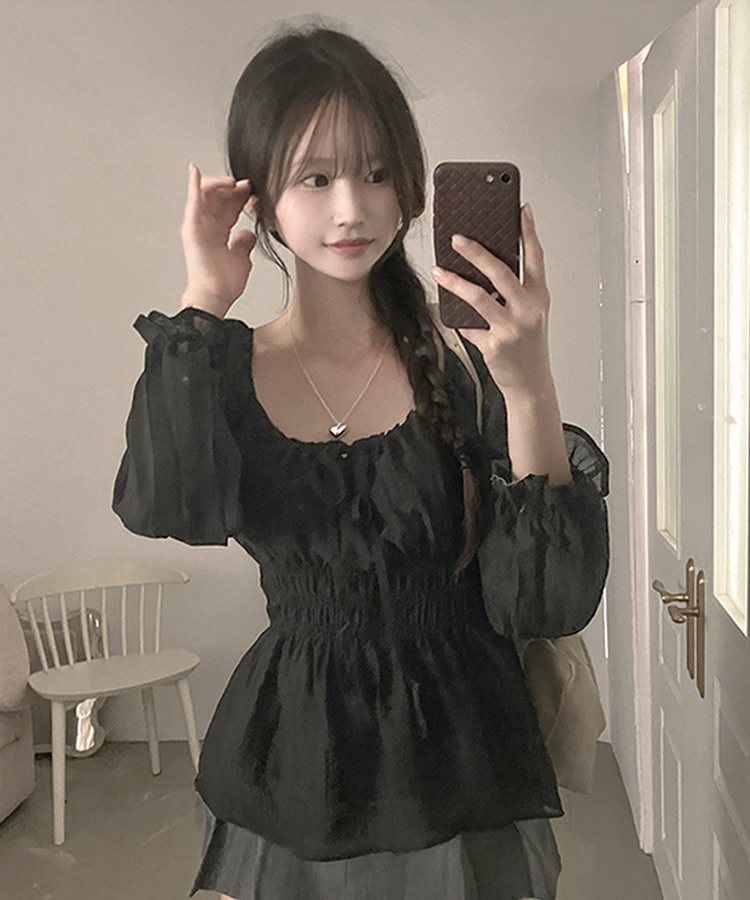 オフショルシャーリングリボン長袖ブラウス BLACK