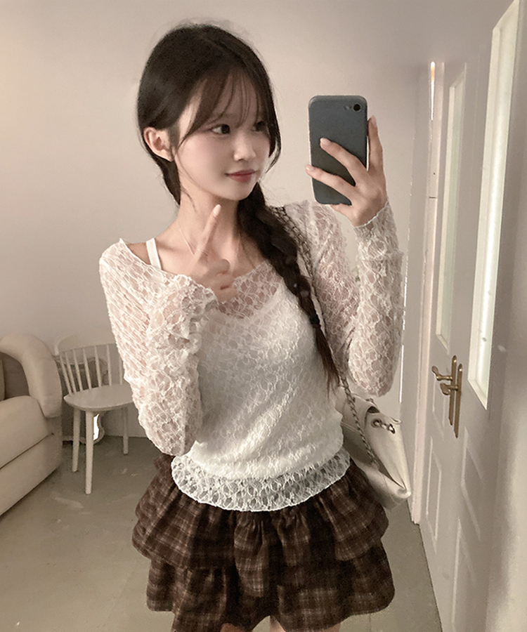 レースフリルシアー長袖Tシャツ IVORY