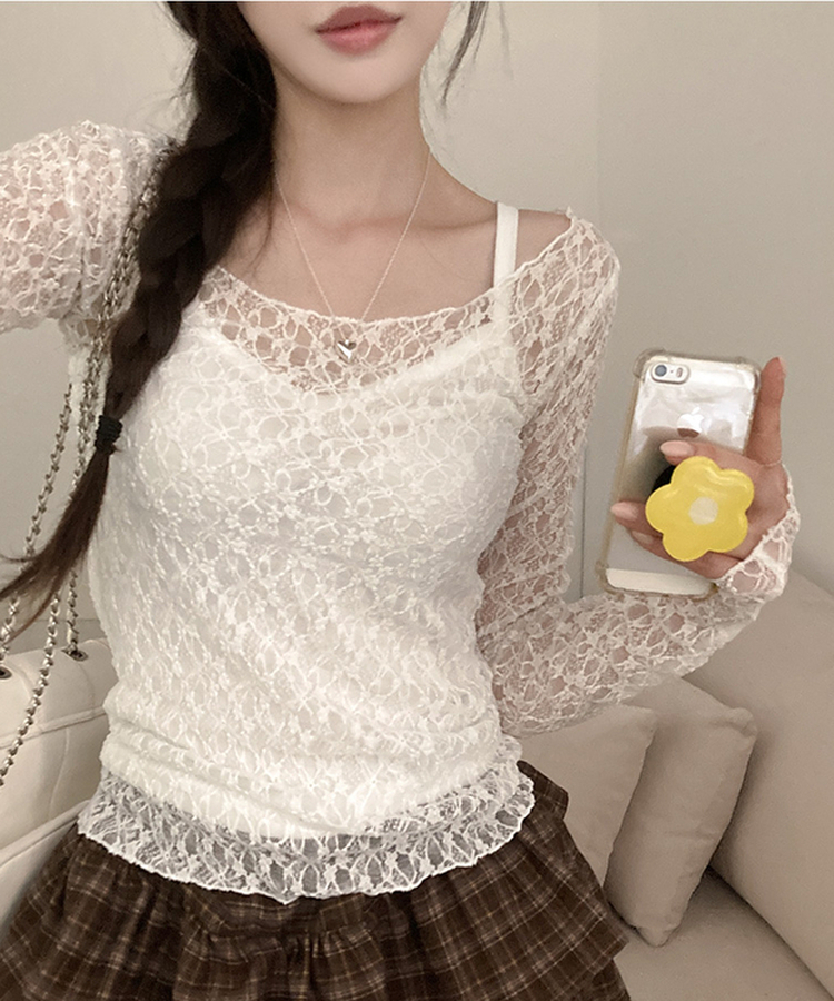 レースフリルシアー長袖Tシャツ IVORY