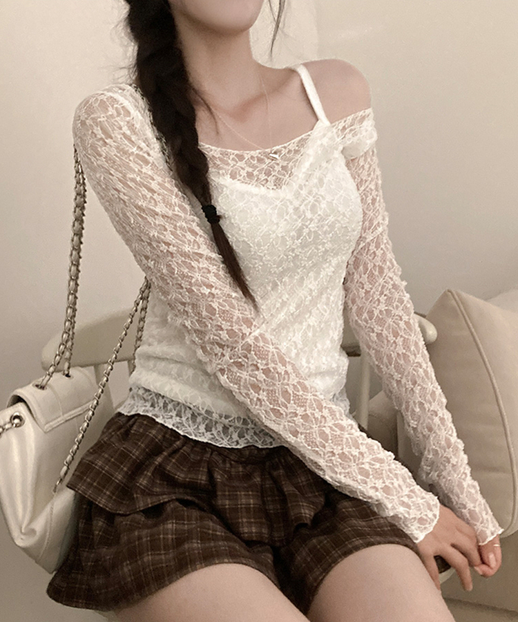 レースフリルシアー長袖Tシャツ IVORY