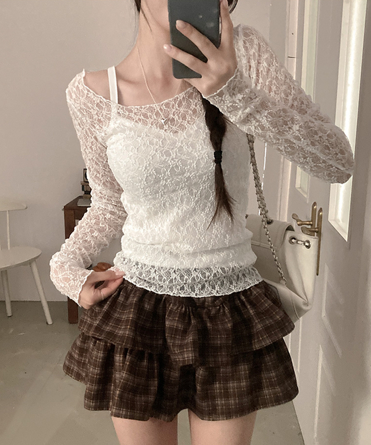 レースフリルシアー長袖Tシャツ IVORY