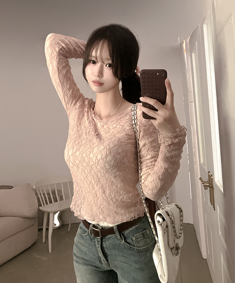 レースフリルシアー長袖Tシャツ PINK