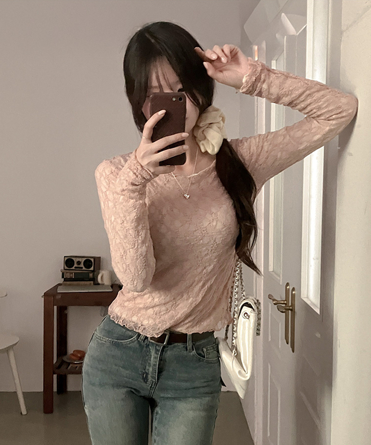 レースフリルシアー長袖Tシャツ PINK
