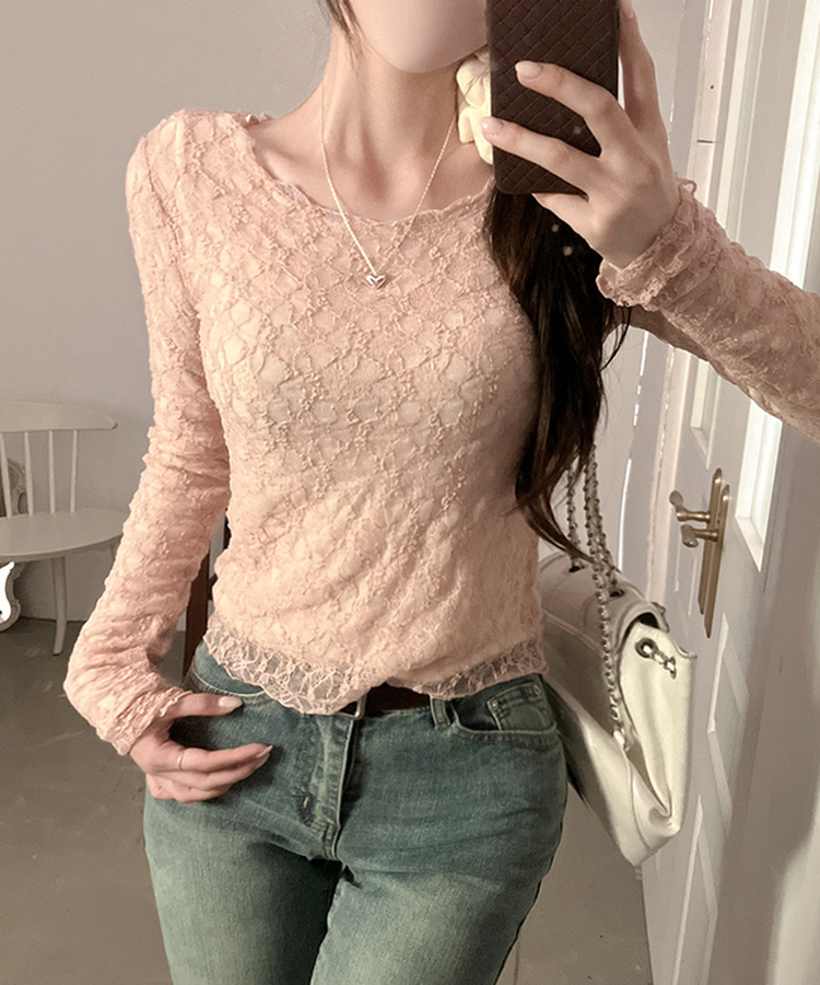 レースフリルシアー長袖Tシャツ PINK