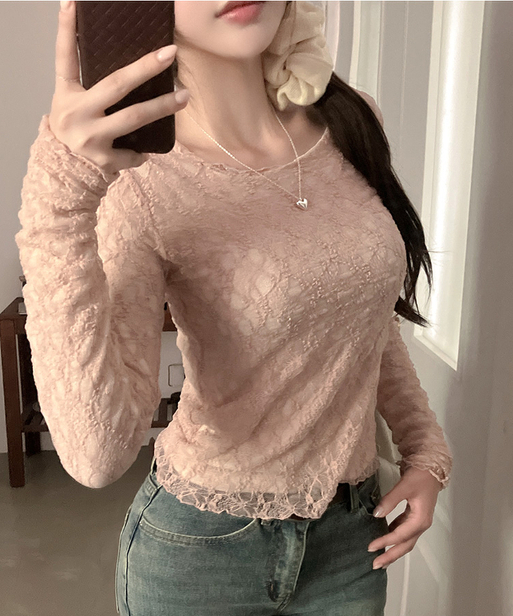 レースフリルシアー長袖Tシャツ PINK