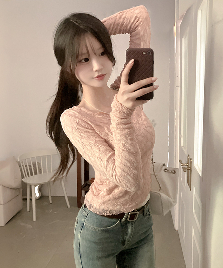 レースフリルシアー長袖Tシャツ PINK