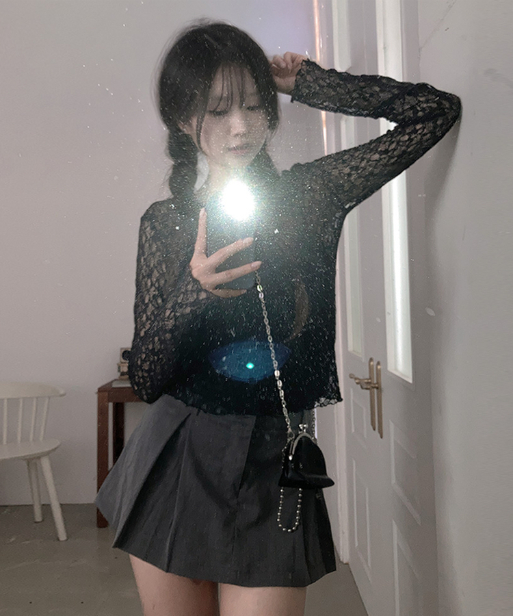 レースフリルシアー長袖Tシャツ BLACK
