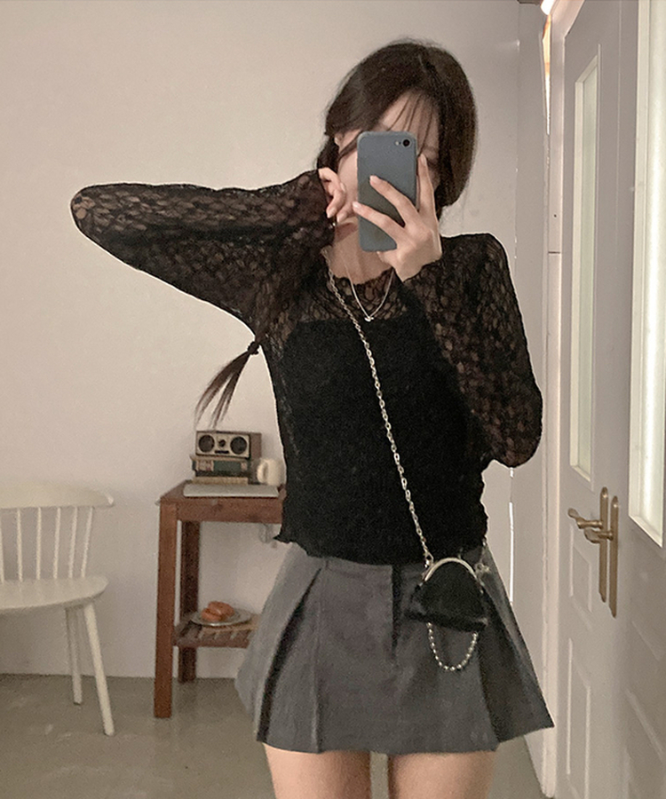 レースフリルシアー長袖Tシャツ BLACK