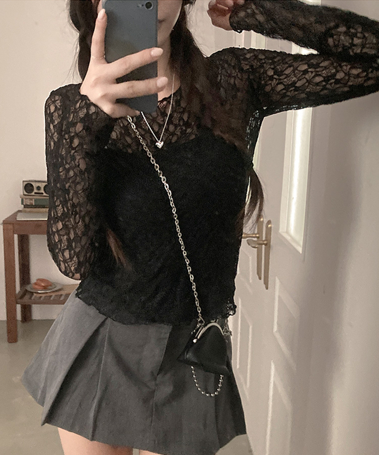 レースフリルシアー長袖Tシャツ BLACK