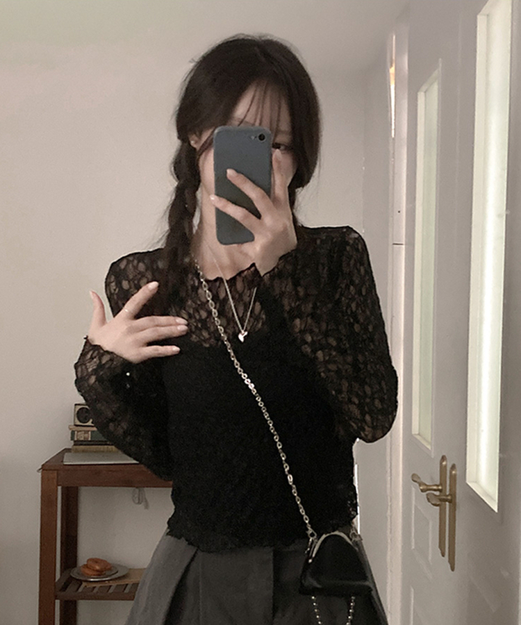 レースフリルシアー長袖Tシャツ BLACK