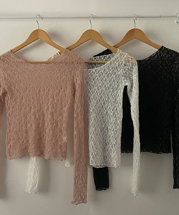 レースフリルシアー長袖Tシャツ