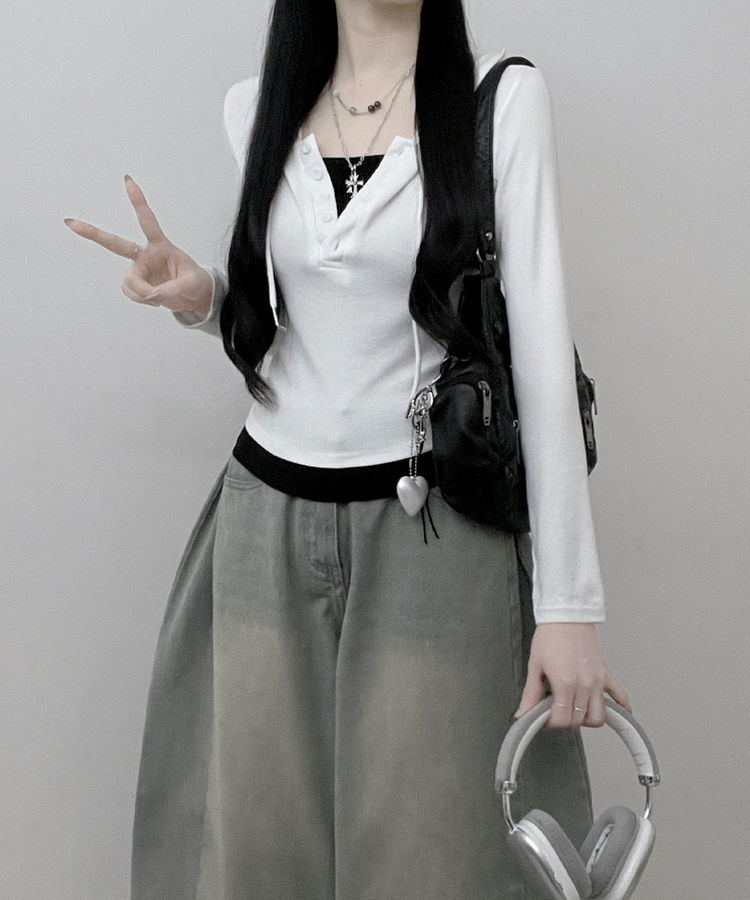 キャミレイヤードフード長袖Tシャツ(5color) IVORY