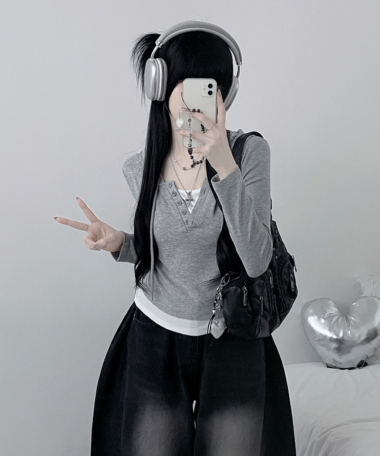 キャミレイヤードフード長袖Tシャツ(5color) GREY