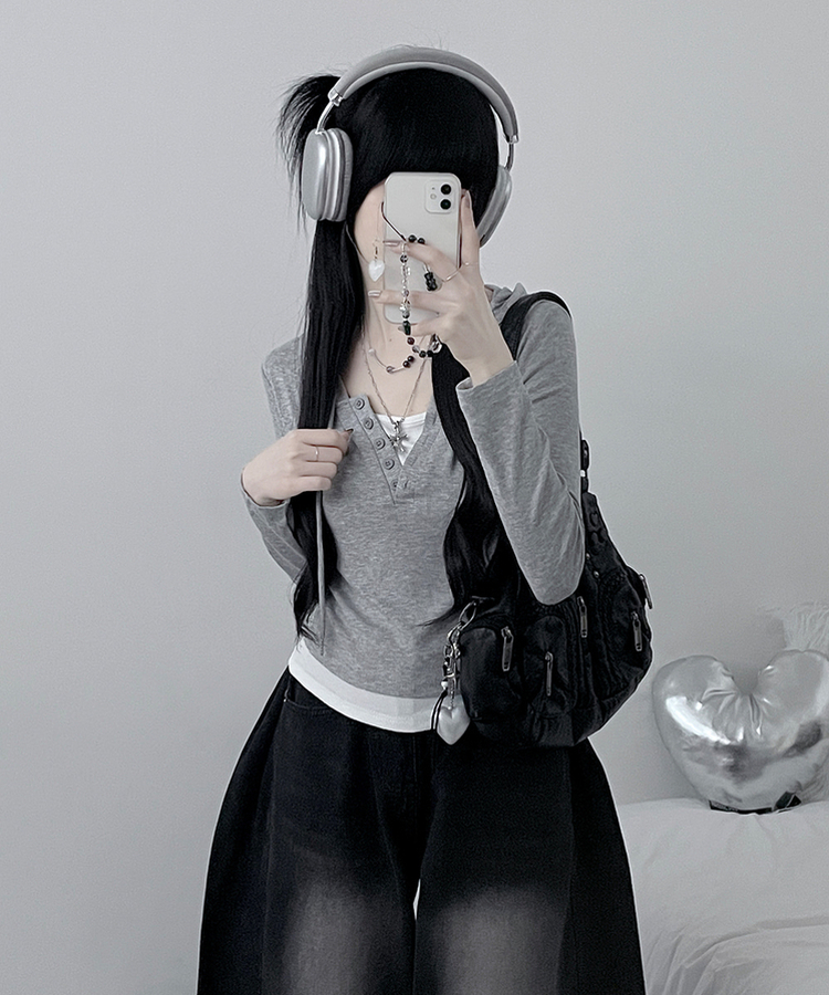 キャミレイヤードフード長袖Tシャツ(5color) GREY