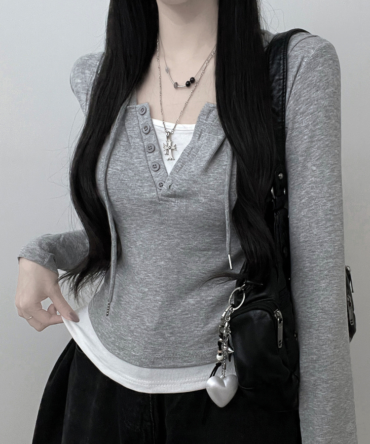キャミレイヤードフード長袖Tシャツ(5color) GREY