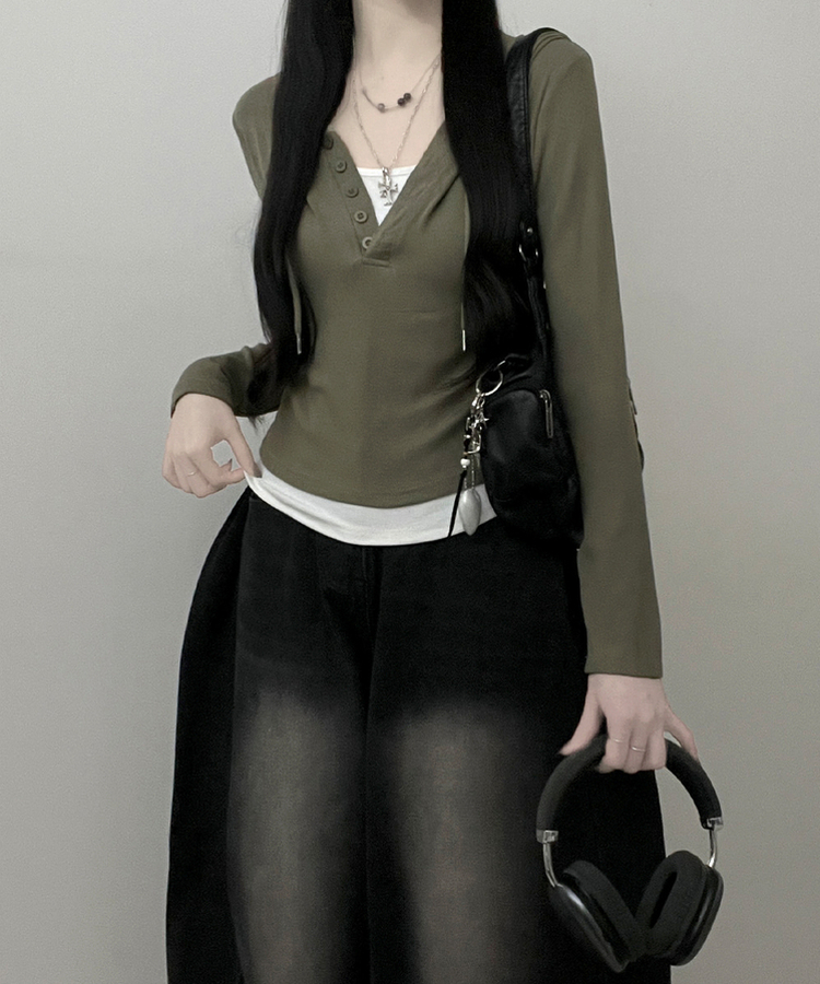 キャミレイヤードフード長袖Tシャツ(5color) KHAKI