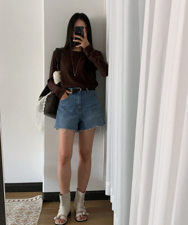 カットオフハイウエストデニムショートパンツ MID DENIM