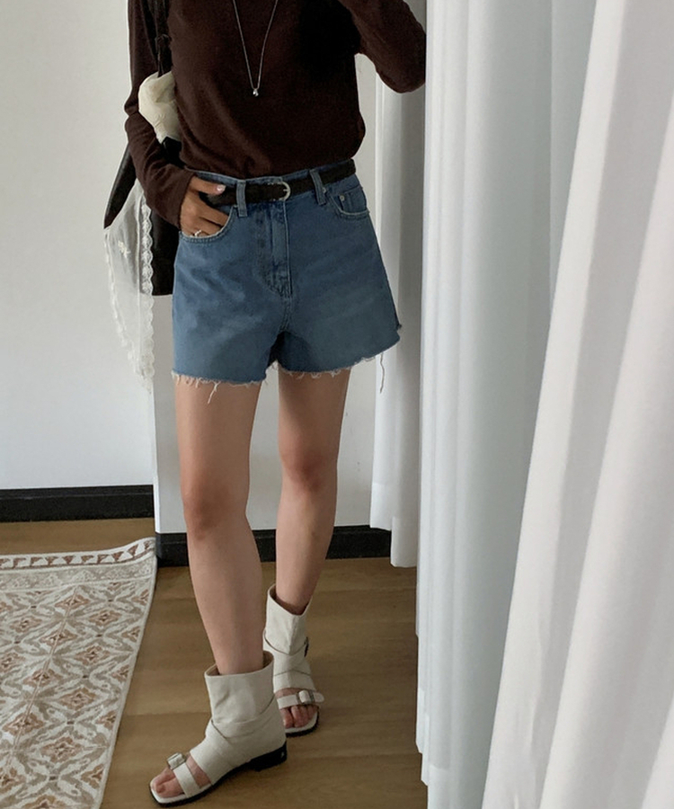 カットオフハイウエストデニムショートパンツ MID DENIM