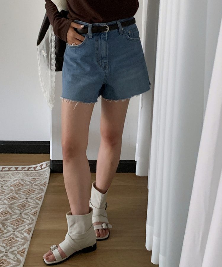 カットオフハイウエストデニムショートパンツ MID DENIM