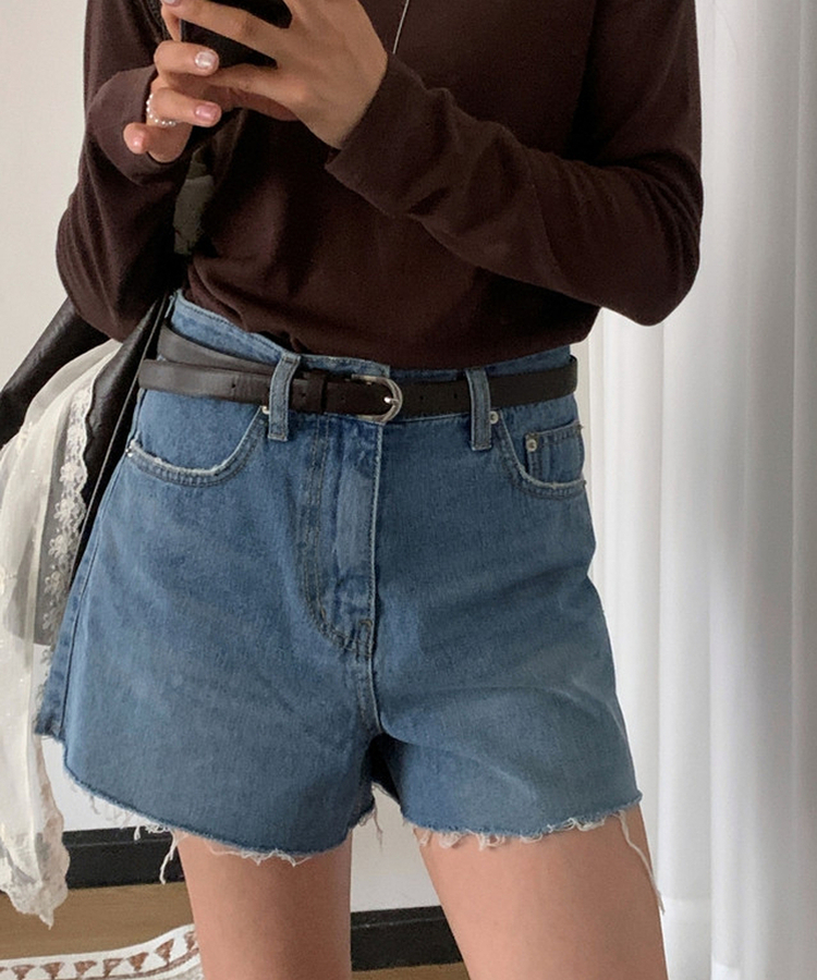 カットオフハイウエストデニムショートパンツ MID DENIM
