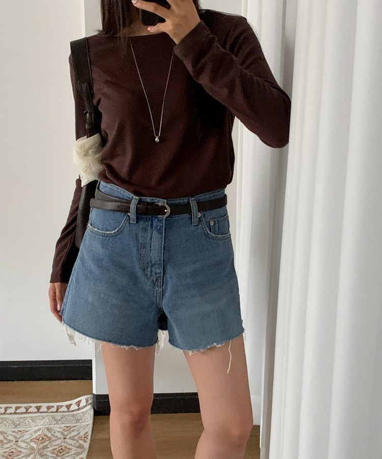 カットオフハイウエストデニムショートパンツ MID DENIM
