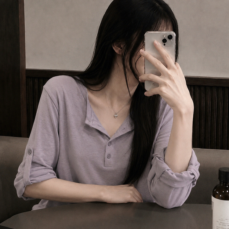 ロールアップヘンリーネックルーズ長袖Tシャツ(10color) LIGHT PURPLE