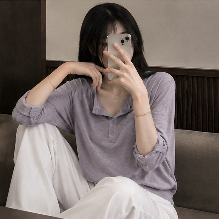 ロールアップヘンリーネックルーズ長袖Tシャツ(10color) LIGHT PURPLE