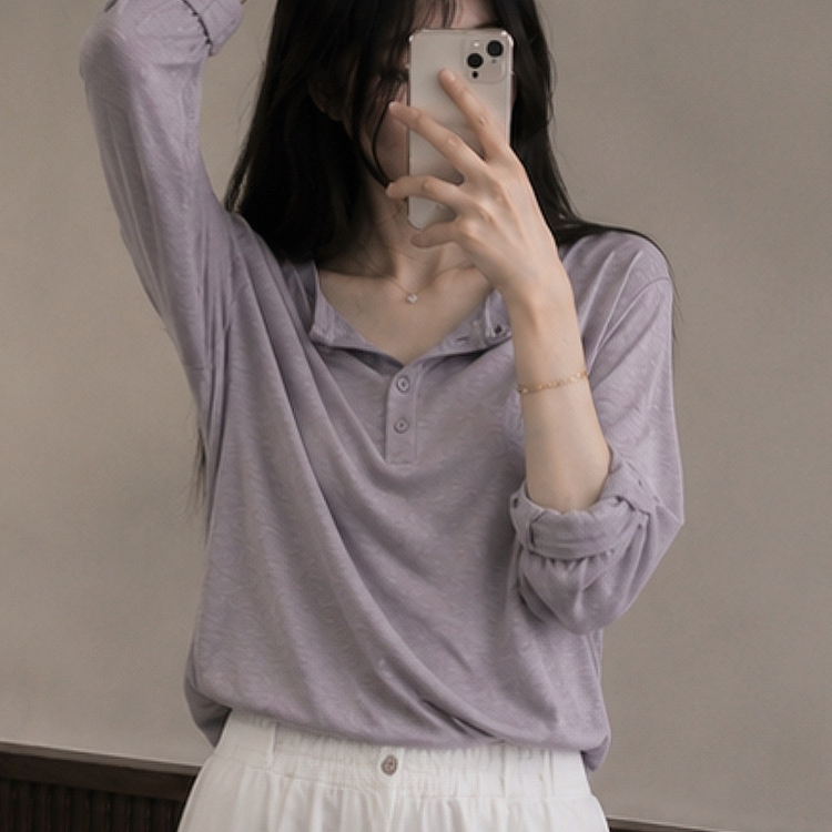 ロールアップヘンリーネックルーズ長袖Tシャツ(10color) LIGHT PURPLE