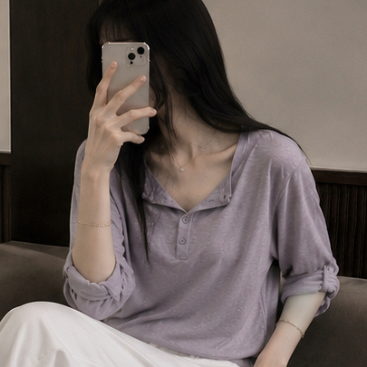 ロールアップヘンリーネックルーズ長袖Tシャツ(10color) LIGHT PURPLE