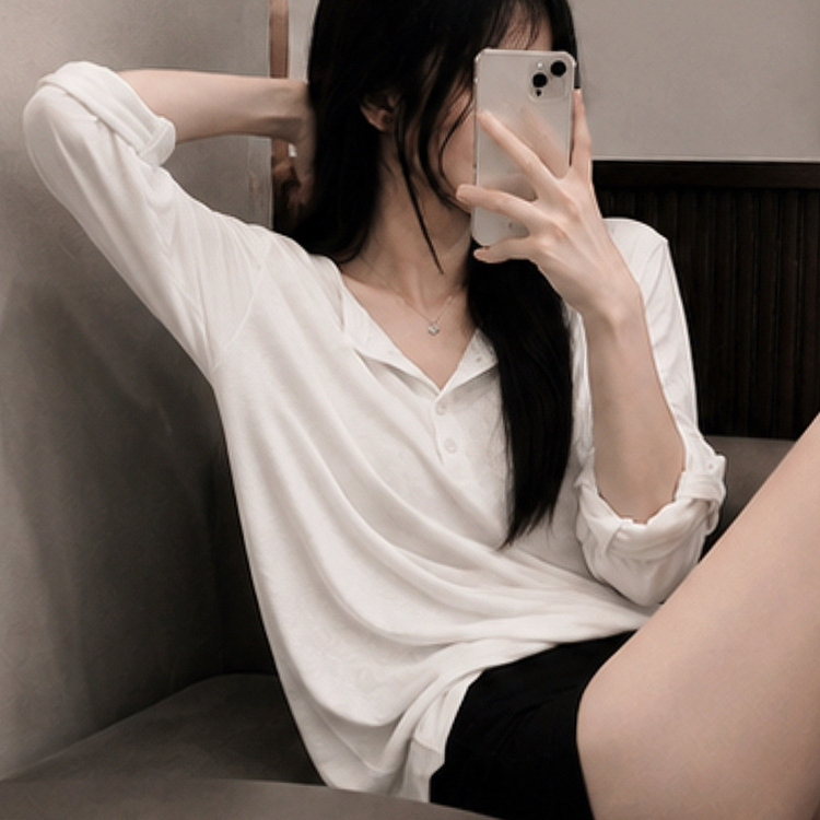 ロールアップヘンリーネックルーズ長袖Tシャツ(10color) IVORY