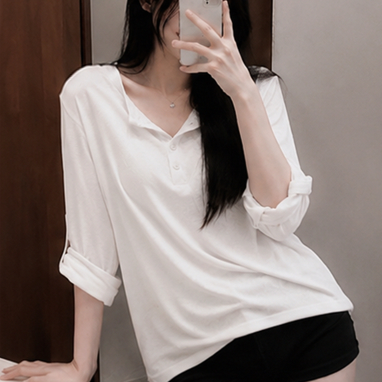 ロールアップヘンリーネックルーズ長袖Tシャツ(10color) IVORY