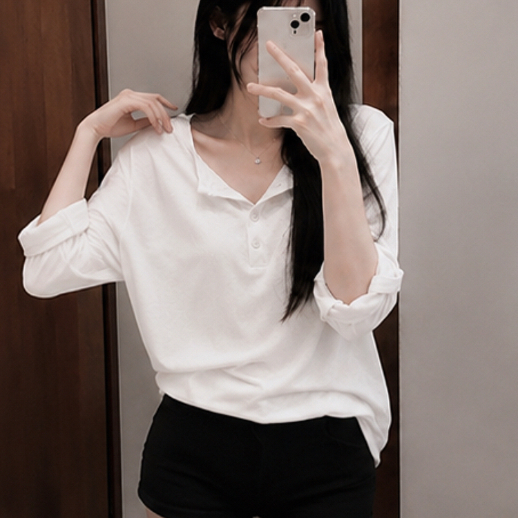 ロールアップヘンリーネックルーズ長袖Tシャツ(10color) IVORY