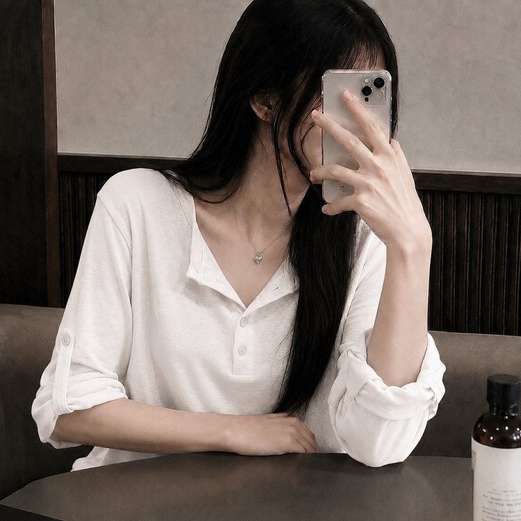 ロールアップヘンリーネックルーズ長袖Tシャツ(10color) IVORY
