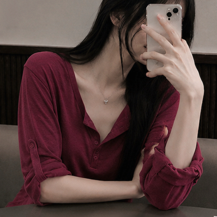 ロールアップヘンリーネックルーズ長袖Tシャツ(10color) WINE