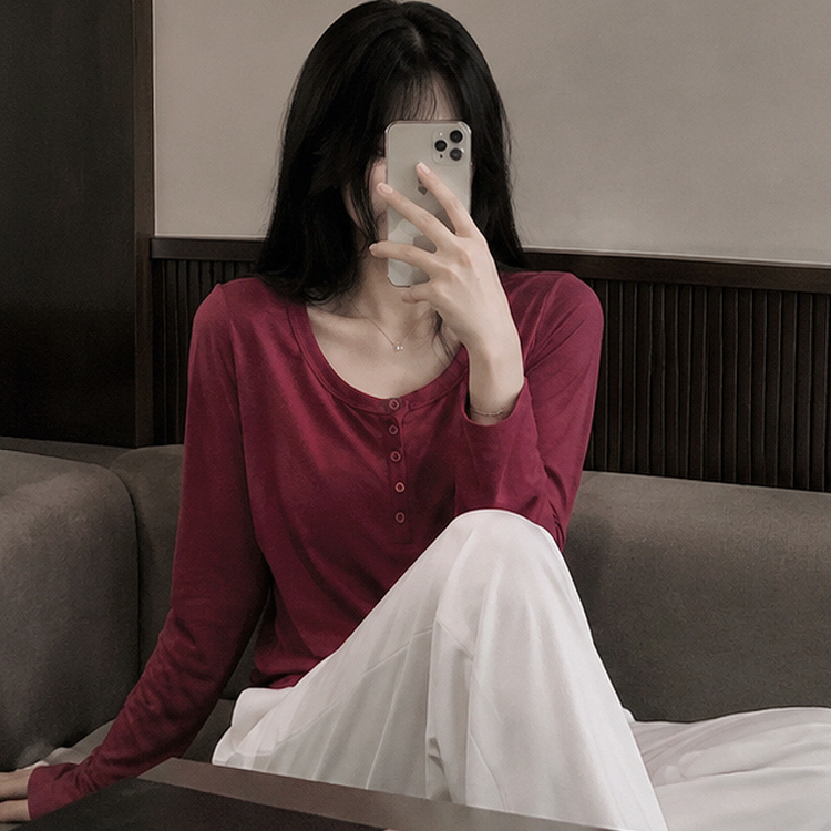 ロールアップヘンリーネックルーズ長袖Tシャツ(10color) WINE