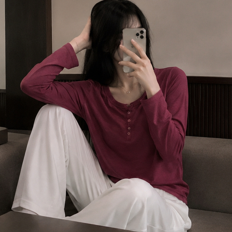 ロールアップヘンリーネックルーズ長袖Tシャツ(10color) WINE