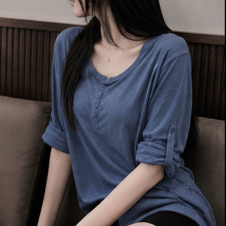 ロールアップヘンリーネックルーズ長袖Tシャツ(10color) SKY BLUE