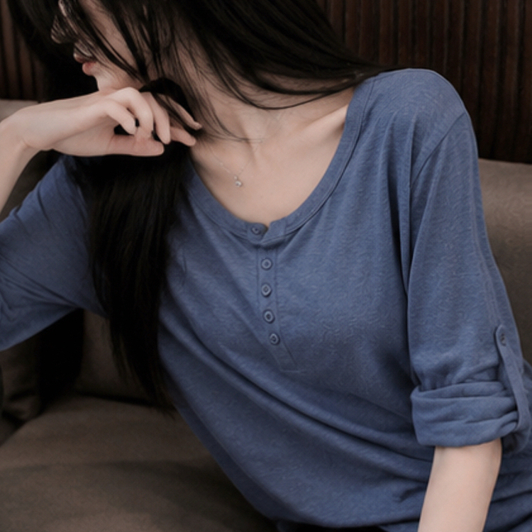 ロールアップヘンリーネックルーズ長袖Tシャツ(10color) SKY BLUE