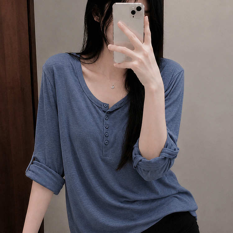 ロールアップヘンリーネックルーズ長袖Tシャツ(10color) SKY BLUE