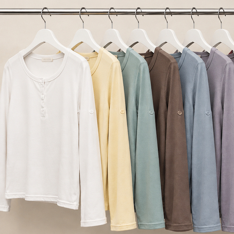ロールアップヘンリーネックルーズ長袖Tシャツ(10color)