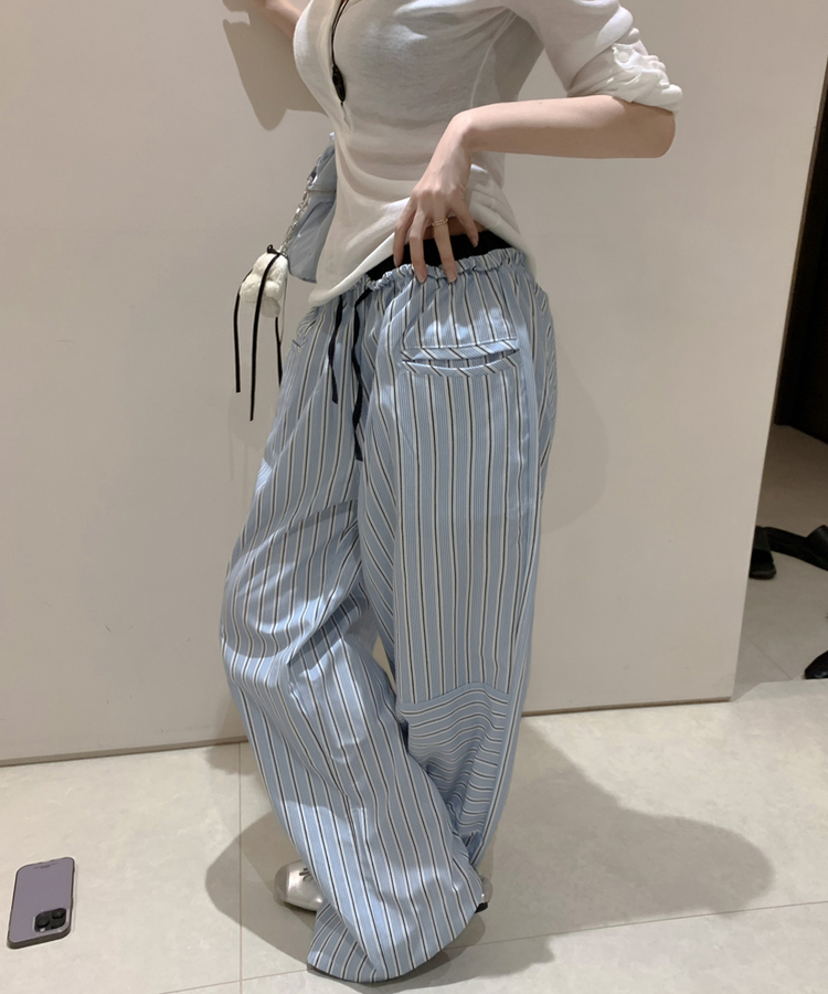 ボーダーウエストゴムワイドパンツ BLUE