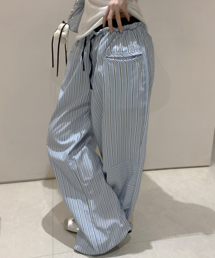 ボーダーウエストゴムワイドパンツ BLUE
