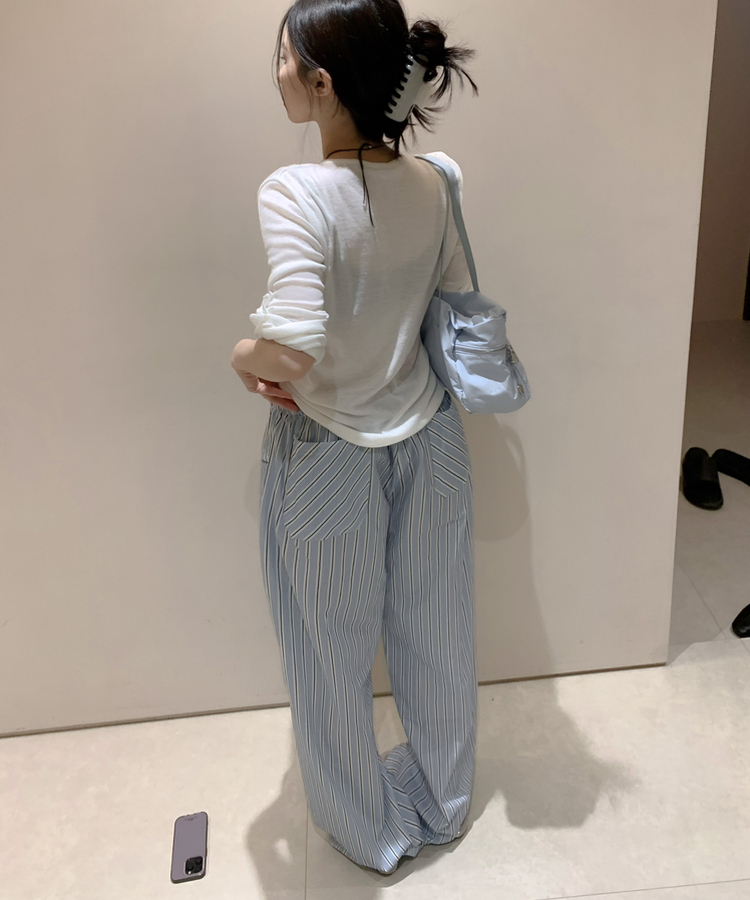 ボーダーウエストゴムワイドパンツ BLUE
