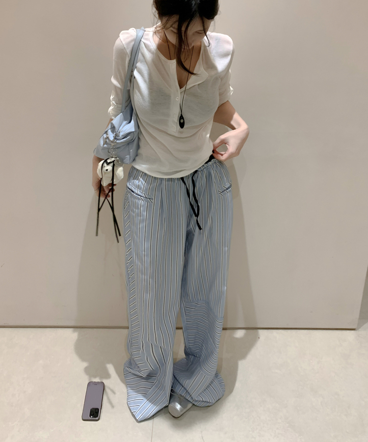 ボーダーウエストゴムワイドパンツ BLUE