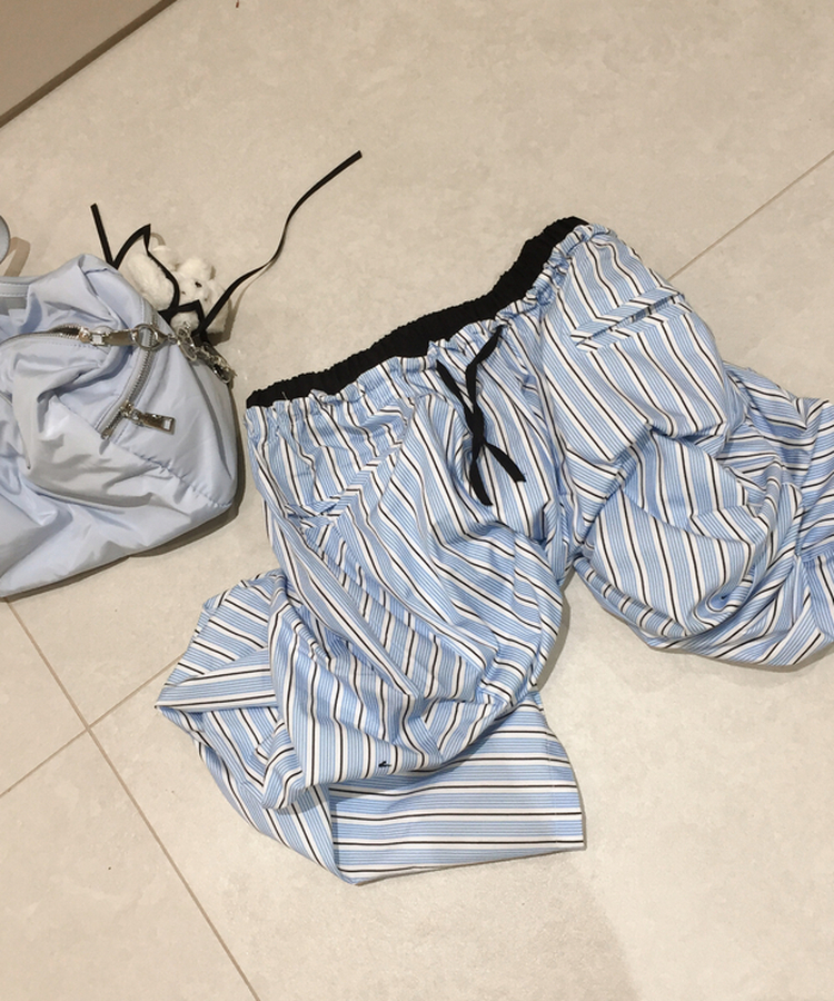 ボーダーウエストゴムワイドパンツ