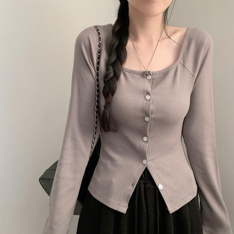 スクエアネック長袖カーディガンTシャツ MOCHA